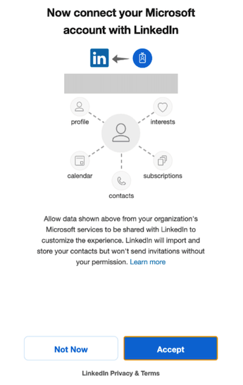 Microsoft 계정을 LinkedIn과 연결하는 팝업입니다.