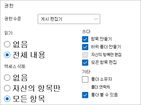 권한 수준으로 선택한 게시 편집기를 보여 주는 스크린샷