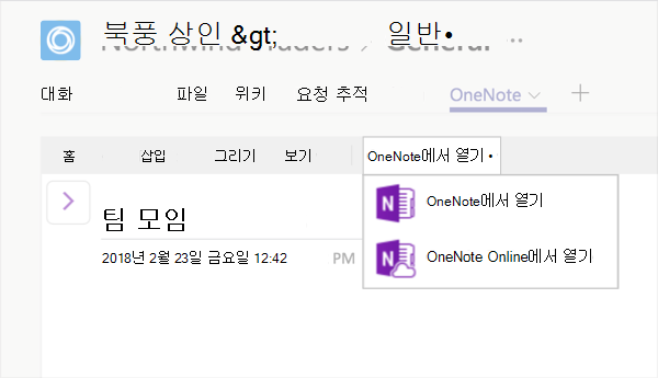 OneNote에서 편집이 선택된 OneNote 탭