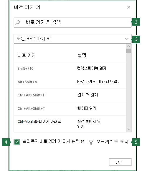 웹용 Excel 대화 상자에서 브라우저 바로 가기를 재정의합니다.