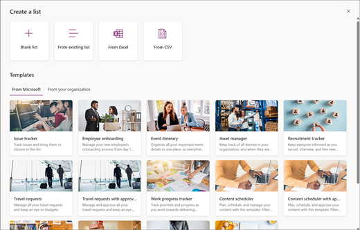 창의 위쪽 부분에서 타일을 선택하여 빈 목록, 기존 목록의 새 목록, Excel 스프레드시트의 새 목록 또는 CSV 파일의 새 목록을 만듭니다. 창의 아래쪽 부분에서 템플릿을 선택하여 새 목록을 만듭니다.