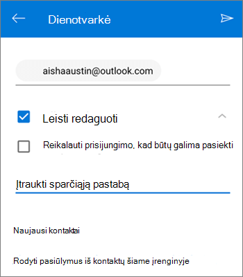 Žmonių kvietimo bendrinti failą iš "OneDrive", skirtos "Android", ekrano nuotrauka