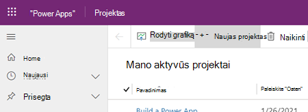 "Project Power App" mygtukas naujas projektas