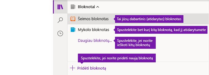 Bloknotų sąrašas „OneNote“, skirtoje „Windows 10“