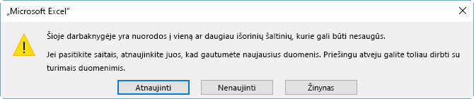 Neveikiančios nuorodos dialogo langas programoje „Excel“