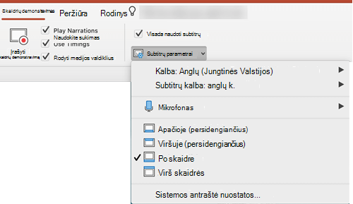 Titrų ir subtitrų parametrai yra programos "PowerPoint" skirtuke Skaidrių demonstravimas.