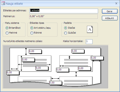 Etikečių vedlio puslapis Nauja etiketė