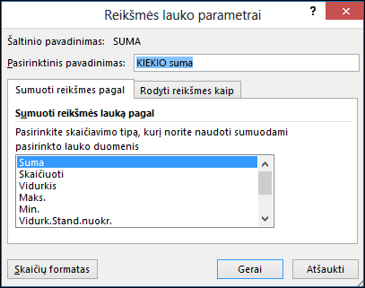 „Excel“ reikšmių lauko parametrų dialogo langas, skirtas parinktims Sumuoti reikšmes pagal