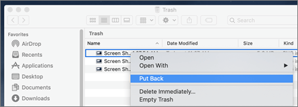 Right-click menu to recove a file from Trash on a Mac