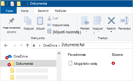 Failų naršyklė, kurioje rodoma "OneDrive" sinchronizavimo klaida