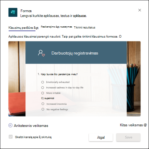 Formų dialogo Teams naudojant darbuotojo gerovės matavimo šablono peržiūrą