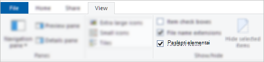 Failų naršyklės žymės langelis Peržiūrėti paslėptus elementus
