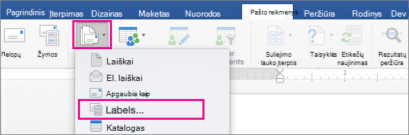 Skirtuke Siunčiami laiškai pradėkite laiškų suliejimą ir pažymėta parinktis Etiketės