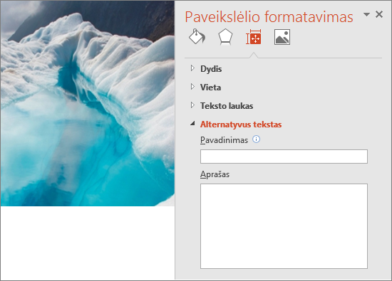 Senas ledynų ežero vaizdas su dialogo langu Formatuoti paveikslėlį, kurio lauke Aprašas nėra alternatyviojo teksto.