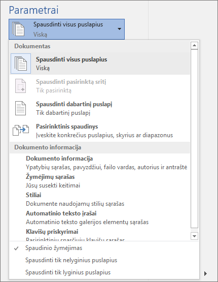 Išplėstos spausdinimo srities su meniu Spausdinti visus puslapius, kad būtų rodoma daugiau parinkčių, ekrano kopija