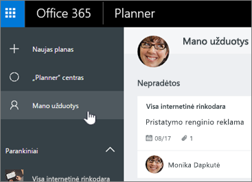 Spustelėkite Mano užduotys, kad pamatytumėte tik savo užduotis plane