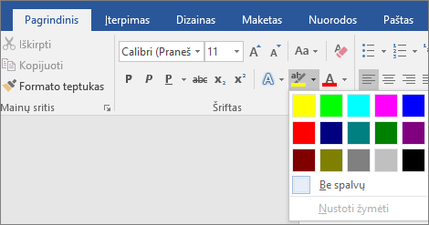 Teksto žymėjimo spalvos parinktys rodomos skirtuke Pagrindinis.