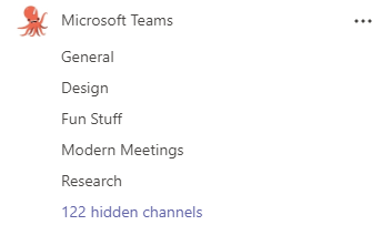 Komanda, pavadinta „Microsoft Teams“, turi kanalų, skirtų bendrajai informacijai, pranešimams, dizainui, Įdomybėms ir tyrimams. Daugiau kanalų slepiami.