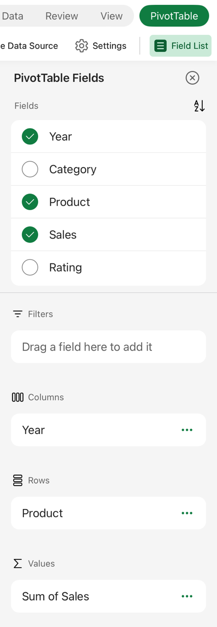 PivotTable on iPad Field list