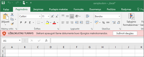 Jei bandysite atidaryti failą iš įtartinos vietos, "Office" užblokuos visas makrokomandas.