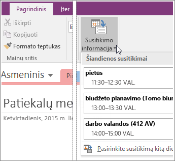 Susitikimo informacija mygtuko ekrano nuotrauka programoje „OneNote 2016“.