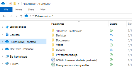 „OneDrive“ verslui failų, rodomų failų naršyklėje, ekrano kopija