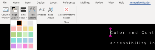 Programos "Word" meniu Įtraukianti skaitytuvė puslapio spalva.