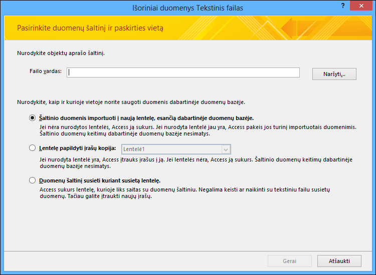 Pasirinkite importuoti, pridėti arba susieti su teksto failu.