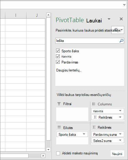 "PivotTable" laukai