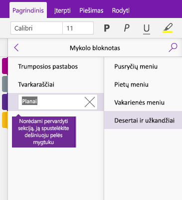 Pervardinamos sekcijos programoje „OneNote“ ekrano nuotrauka