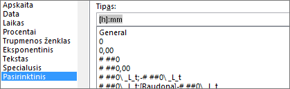 Dialogo langas Langelių formatavimas, pasirinktinė komanda, [h]:mm tipas