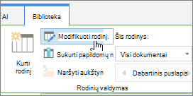 "SharePoint Online" juostelės bibliotekos skirtuko modifikavimo rodinys parinktis