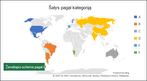 "Excel" žemėlapio diagrama, kurioje rodomos kategorijos su šalimis pagal kategoriją