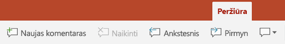 Programos „PowerPoint“, skirtos „Android“ planšetiniams kompiuteriams, juostelėje yra skirtukas Peržiūra su mygtukais, kurie skirti komentarų naudojimui.
