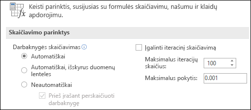 Automatinio ir neautomatinio skaičiavimo parinkčių vaizdas