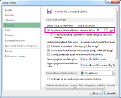 Parinktis Automatinis atkūrimas skirtuke Įrašyti, esančiame dialogo lange „Excel“ parinktys