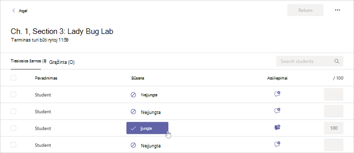 Žymiklis laikomas virš mygtuko Įjungta, esančio "Microsoft Teams" pasirinktoje užduotyje.