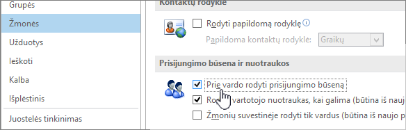 Skirtukas Žmonės, esantis dialogo lange Parinktys, kuriame paryškinta Rodyti būseną tinkle