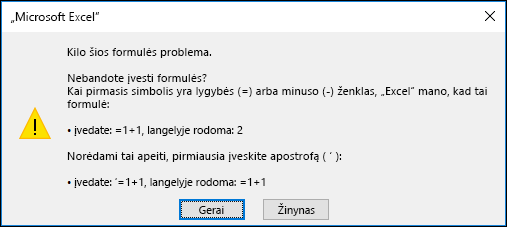 „Excel“ dialogo lango „Kilo problemų su šiuo langu“ vaizdas