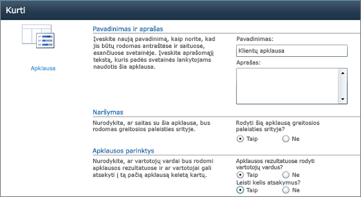 "SharePoint 2010" apklausos parinkčių puslapis