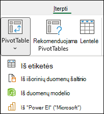 Įterpkite „PivotTable“ išskleidžiamąjį meniu, kuriame rodoma parinktis „iš Power BI“.