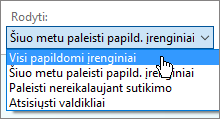 Dialogo langas Išorinių priedų valdymas, kuriame rodomas šiuo metu įkeltų išorinių priedų išplečiamasis sąrašas.