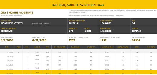 Kalorijų skaičiavimo tvarkaraščio šablono ekrano nuotrauka