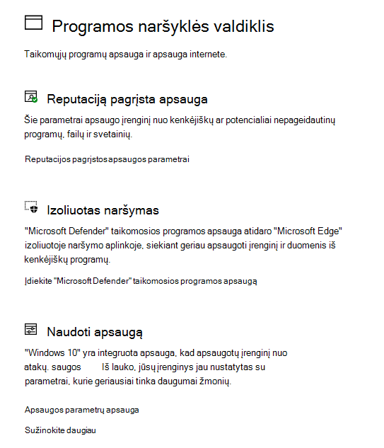 Programos ir naršyklės valdymas naudojant „Windows“ saugą