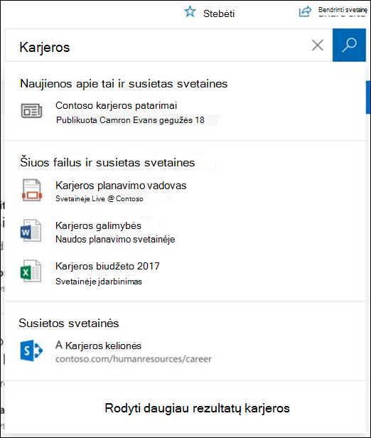 Ieškos rezultatai SharePoint koncentratoriaus svetainėje