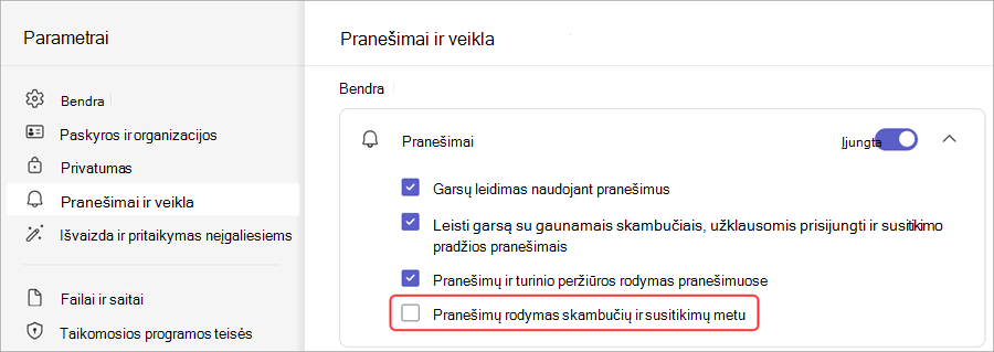 Nutildyti pranešimus "Teams" susitikimo metu.