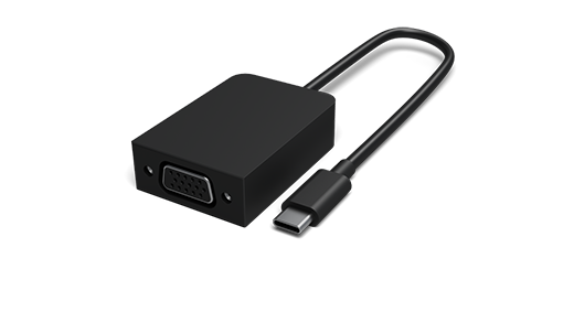 USB-C VGA adapterio su USB kabeliu, lenkto šalia jo, paveikslėlis.