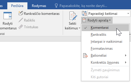 Rodomos keitimų parinktys, esančios skirtuke Peržiūra