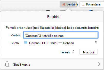 Dialogo langas siūlo nusiųsti pateiktį į "Microsoft" debesies saugyklą, kad būtų galima sklandžiai bendrinti.