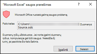 "Microsoft Excel" saugos pranešimas – nurodo, kad "Excel" nustatė galimą saugos problemą. Pasirinkite įgalinti, jei pasitikite šaltinio failo vieta, Jei nepatikima, išjunkite.